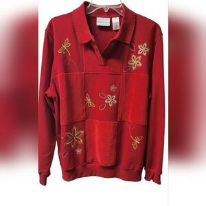 Embroidered And Embellished Collared Patchwork Alfred Dunner Sweater